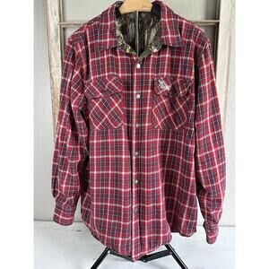 Buck Commander Flannel Shirt Mens Large Camo Snap Reversable Red Plaid